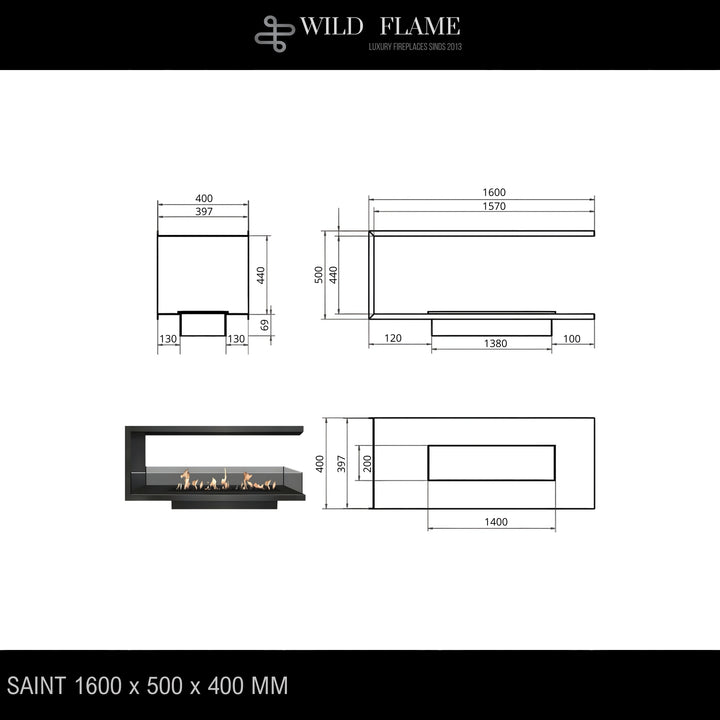 Dreiseitiger Bioethanol Einbaukamin U - SAINT 160
