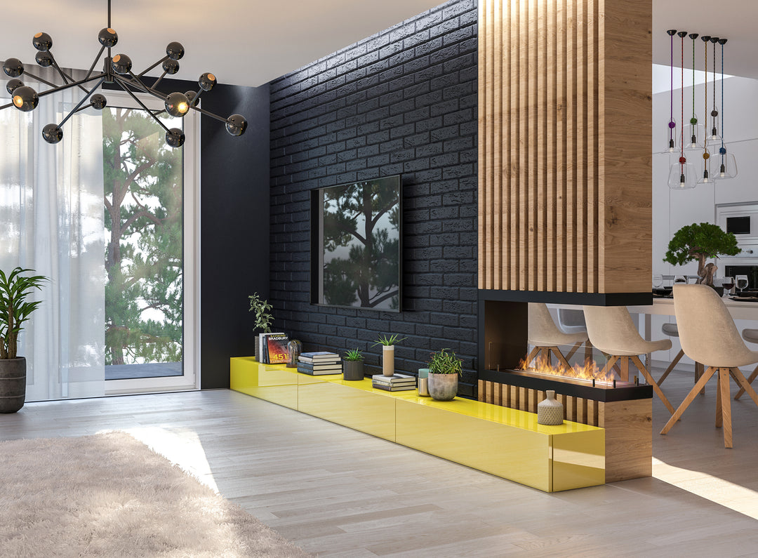 bioethanol-einbaukamin-dreiseitig-ethanolkamin-u-form-infire-u-1000-100cm-mit-glas-mit-flammen-designer-holzwand-holzpaneele-gelbes-lowboard-wohnzimmer