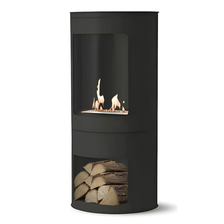 Freistehender Bioethanol Standkamin Standofen TOKYO mit Glastür in Schwarz und mit Fach für Holz Deko