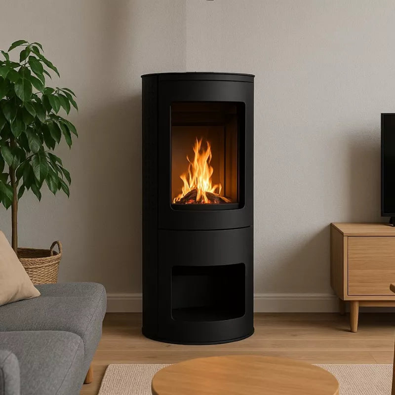 Freistehender Bioethanol Standkamin Standofen TOKYO (rund, schwarz, mit Glastür) in Wohnzimmer