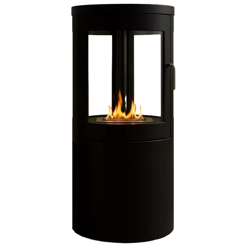 Freistehender Bioethanol Standkamin Standofen VASTO - rund, schwarz, mit Glastür und 360° Vollverglasung