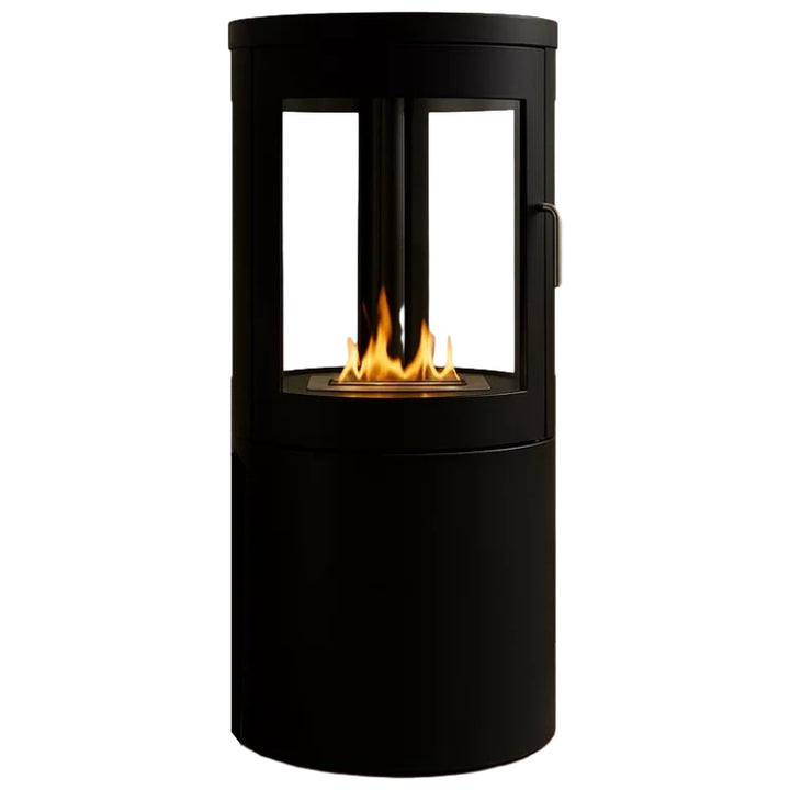 Freistehender Bioethanol Standkamin Standofen VASTO - rund, schwarz, mit Glastür und 360° Vollverglasung